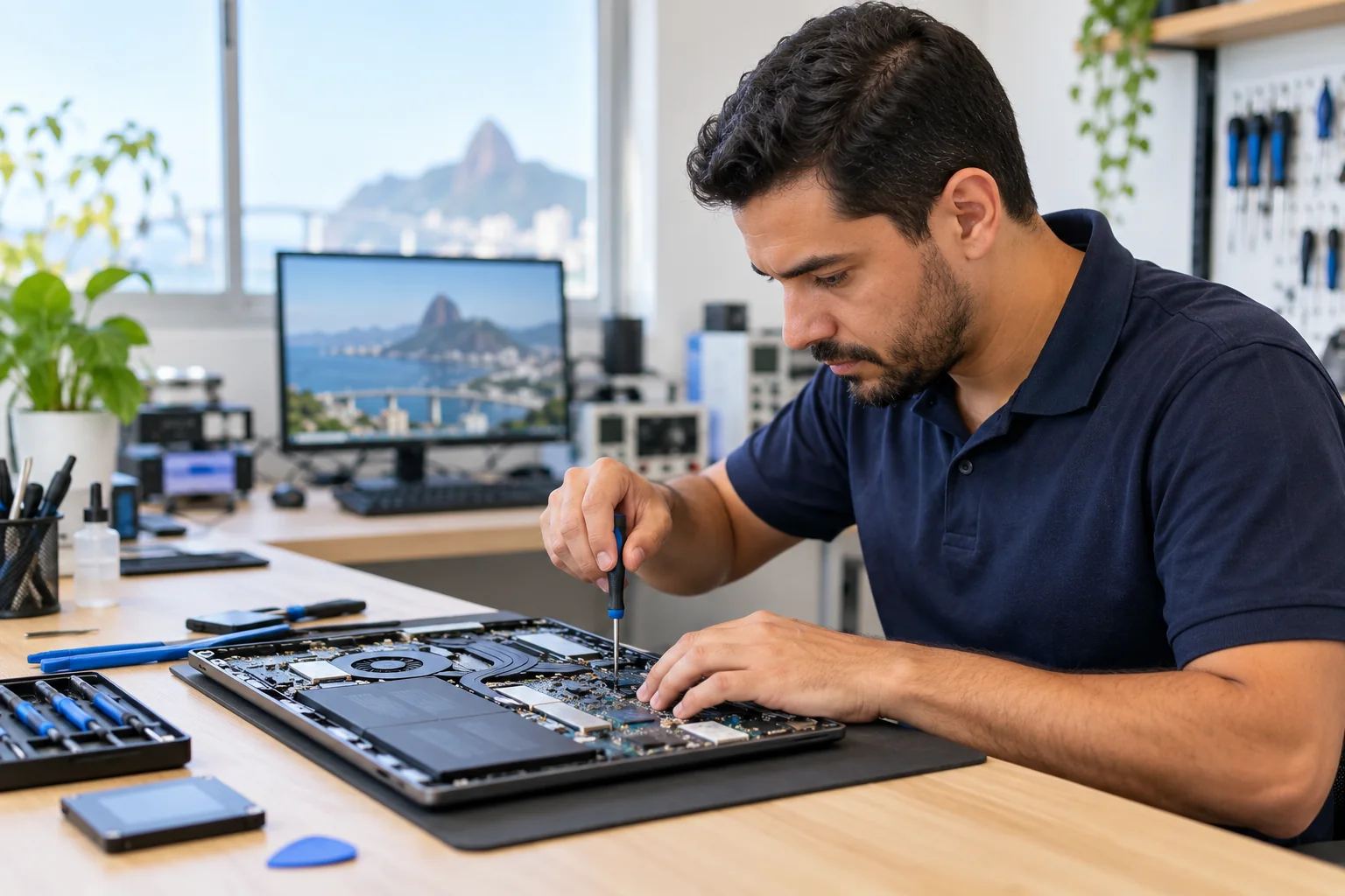 Técnico fazendo manutenção em um notebook